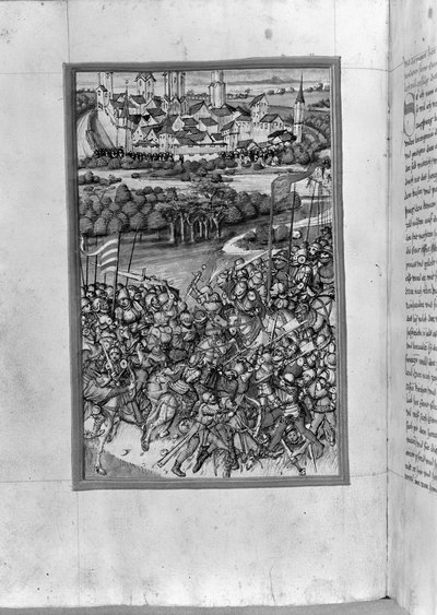 HB V 52 fol. 70v Illustrazione della Battaglia di Lechfeld, dalla Cronaca di Augusta, 1457 da Sigismund Meisterlin